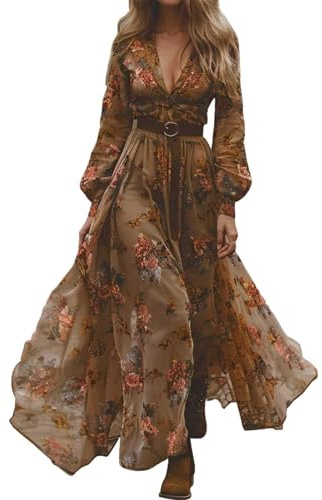 Summer Women's Vintage Western V-Neck Casual Loose Long Sleeve Rustic Style Flowing Maxi Dress with Country Flower Lace A-Line Swing Ruffle