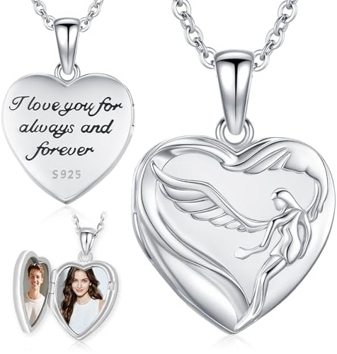 Friggem Collier ange gardien coeur Pendentif photo ailes d'ange en Argent Sterling 925, Collier cœur et Bijoux pendentifs photo, Cadeaux pour femmes, filles, mères