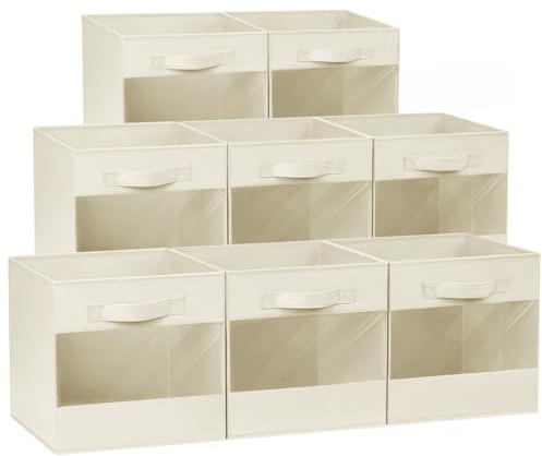DIMJ Cube Organizer Bins, Transparent Storage Cubes, Foldable Cube Storage Bins, Storage Bins with Handles, Closet Bins for Bedroom, Living Room, Baby's Room, Dormitory (8 Pack, Beige)