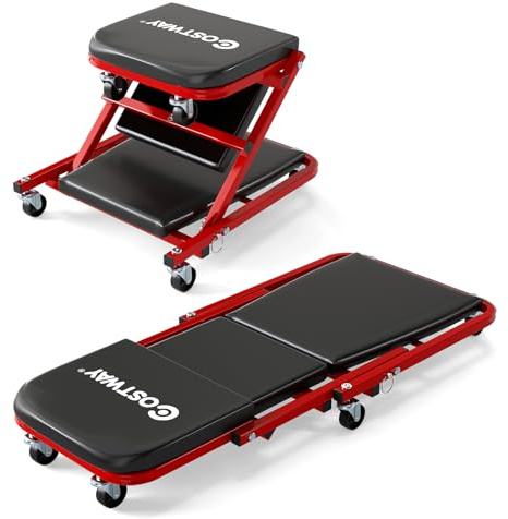 COSTWAY 2 in 1 Rollbrett Werkstatt, Montagerollbrett mit 6 Rollen & gepolstertem Sitz, KFZ-Rollbrett bis 150 kg Belastbar, Montageliege Werkstatthocker für Werkstatt, Garage, 92 x 41 x 12 cm (Schwarz)