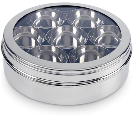 Unibos | 20cm Stainless Steel Spice Box/Masala Tin Dabba With 7 Compartments, Transparent Lid & 1 Spoon, Spice Organising Storage Box