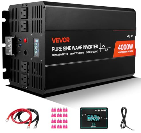 VEVOR Convertisseur Pur Sinus CC 12 V vers CA 230 V Onduleur Sinusoïdal Pur 4000 W, avec Écran LCD, Télécommande Filaire, Port USB et Type-C, 2 Prises CA, pour Camping-Car, Voiture, Système Solaire