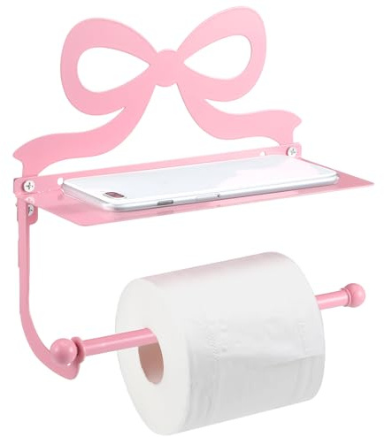 Otoolling Pink Bow Toilet Paper Holder Wall Mount for Bathroom | Pink Bow Toilet Roll Holder with Phone Shelf Metal Bathroom Decorative Cute Storage Accessories Coquettish Preppy Decor