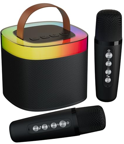 Aplsinvivi Portable Bluetooth Karaoke Machine,Mini Speaker with 2 Wireless Microphones,Microphone with 5 Voice Changing Effects & LED Light, Gifts for Girls Ages 3-12 +Year Old Birthday Party, Black