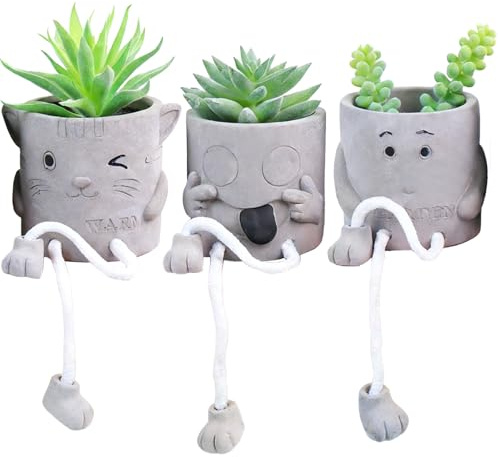 Skdqiee 3 Pcs Hanging Leg Artificial Plants Indoor, Cute Cartoon Resin Succulent Pots with Faux Greenery, Whimsical Expression Mini Planter Set for Home Decoration, 3.94 x 9.45 in