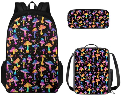 THKVSV Schulrucksack für Mädchen und Jungen, mit Lunchbox, Federmäppchen, 3-in-1-Kinderrucksack-Set für mittlere Grundschüler, Schultaschen-Set, Rucksack, Rucksack, mushroom, Eine Größe, Tagesrucksack