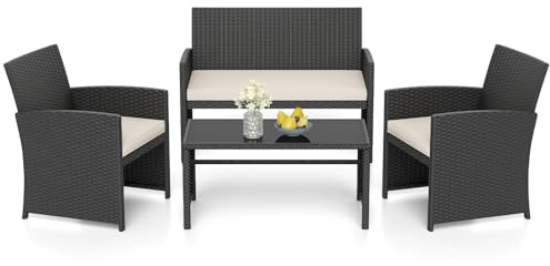 GIANTEX 4-teiliges Gartenmöbel Set, Outdoor Rattan Balkonmöbel mit gehärtetem Glas-Couchtisch, 2-Sitzer Sofa, 2 Einzelsesseln, Kissen, Balkon Sofa für Terrasse, Balkon, Garten (Schwarz+Weiß)