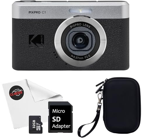 Kodak Pixpro C1 Digital Camera Black with 32GB Micro SD Card, Clamshell Carrying Case + Clickoze Microfiber Lens Cloth
