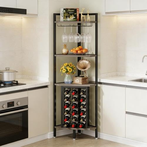 kozamas Vitrine d'angle et étagère à vin - Étagère sur pied à 4 étages de style industriel pour 18 bouteilles et 6 verres - Buffet avec support en verre - Armoire pour cuisine, salon, bar - MDF métal