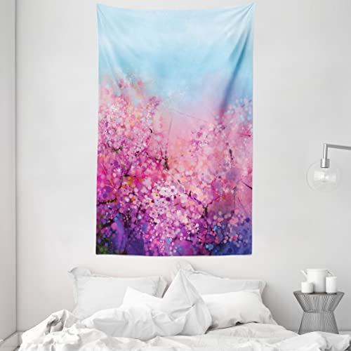 ABAKUHAUS japanisch Wandteppich und Tagesdecke, Kirsche Frühlings-Thema aus Weiches Mikrofaser Stoff Waschbar ohne Verblassen Digitaldruck, 140 x 230 cm, Hellblau Lila
