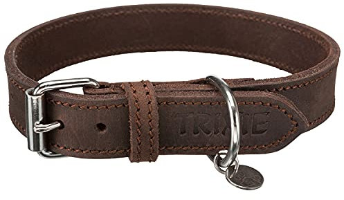 TRIXIE Rustic Halsband Leder Größe M: Halsumfang 37–44 cm/40 mm in Dunkelbraun - genähtes Lederhalsband für mittelgroße Hunde, in klassischem Design, schonendes Anleinen, 19006