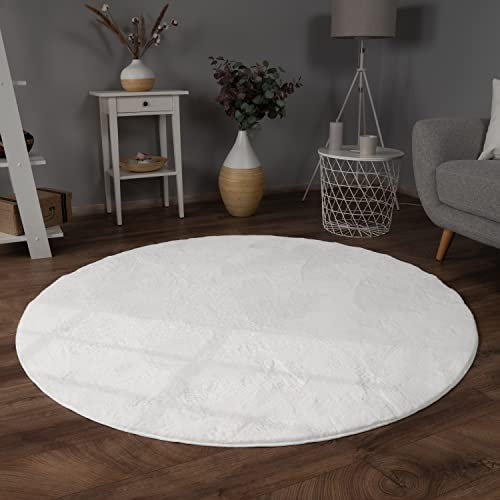 Paco Home Teppich Wohnzimmer Kunstfell weich waschbar modern elegant pflegeleicht Felloptik Uni Seidenglanz flauschig Kurzflor, Grösse:80 cm Rund, Farbe:Weiß