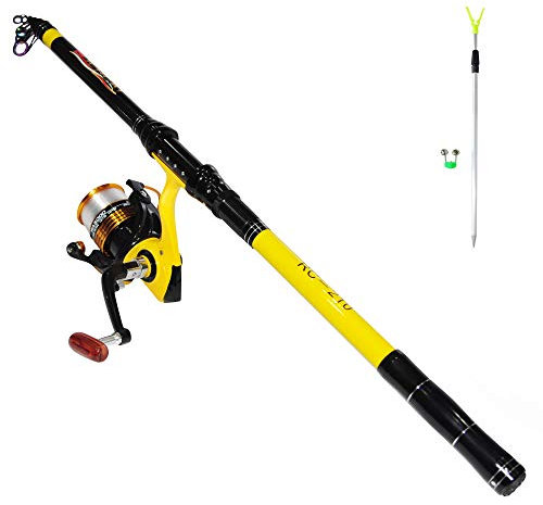 Richcat Angelrute und Spule, Kombi, Spinnrute, Kohlefaser, Teleskop-Angelrute mit Metallspule für Fischen, Angelschnur bereits gespult für Salzwasser und Süßwasser (2,4 m)