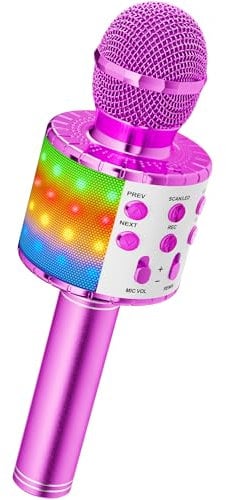 Ankuka Micrófono Karaoke Bluetooth Micrófono Inalámbrico Karaoke Micrófono Niña con Luces LED Regalo Juguetes para Niños Micrófono Cambiador de Voz, Compatible con Android, iOS, PC Morado