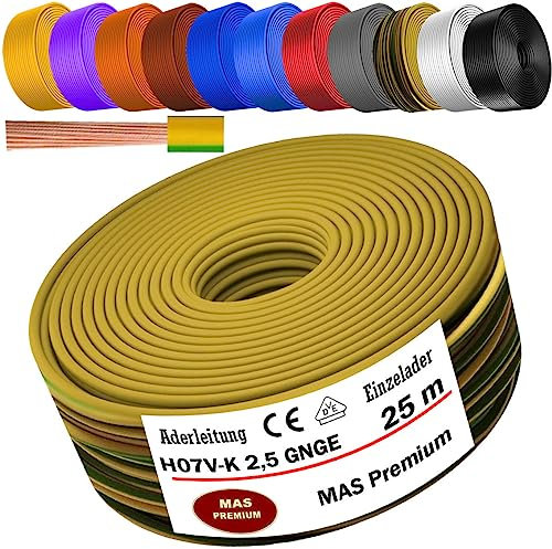 Cable eléctrico H07 V-K, 2,5 mm², verde/amarillo, cable individual flexible, de 5 a 100 m (25 m)