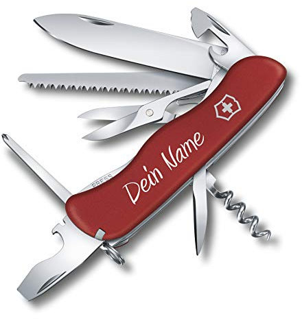 Taschenmesser Outrider mit Wunsch Druck auf der Schale I Geschenk für Männer Frauen I zum Geburtstag I Schweizer Taschenmesser personalisiert mit 14 Funktionen 0.8513 (rot)