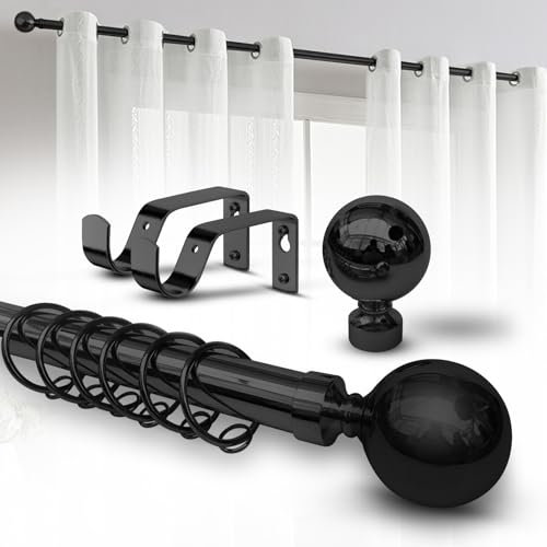 Imperial Rooms Plain Metal Ball Curtain Poles Metal Extendable - Includes Curtain Rod, 60mm Size Finials, Rings, Brackets & Fittings Set (Matte Black, 160-300 Cm, 63 Inches to 118 Inches)
