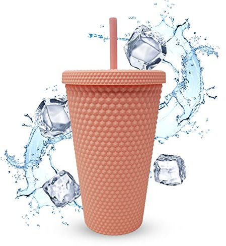 Genieteter Becher Nietenbecher Trinkbecher mit Nieten und Strohdecke matte Koralle 450ml