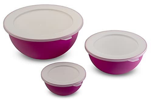 omada Design, Set mit 3 Salatschüsseln mit Deckel (0,5 l - 1,5 l - 3,5 l) innen weiß und außen bunt, Microban antibakteriell, Linie Sanaliving