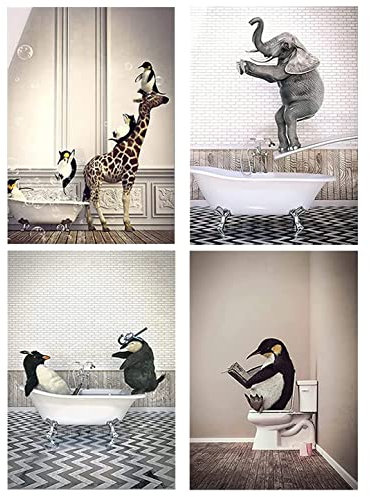 LPFNSF Badezimmer Bilder Bad Tier Giraffe Elefant in der Badewanne Bild Lustige Wandkunst Drucke Leinwand Poster des Badezimmers Ohne Rahmen.(Style 2,40x60cm*4)