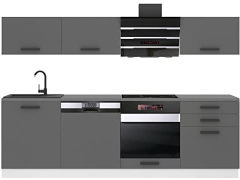 Belini Küchenzeile Küchenblock Linda - Küchenmöbel 240 cm Einbauküche Vollausstattung ohne Elektrogeräten mit Hängeschränke und Unterschränke, mit Arbeitsplatten, Silber matt