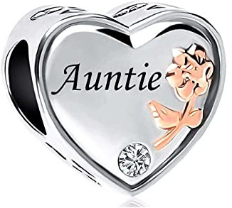 MiniJewelry Charm per ragazze e donne con ciondolo a forma di cuore in oro rosa con perline in argento regalo per zia cugino, nipote e nipote, famiglia, Rame Zirconia cubica, Nessuna pietra preziosa