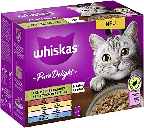 Whiskas 1+ Katzenfutter Pure Delight Gemischte Auswahl in Gelee, 12x85g (1 Packung) – Hochwertiges Nassfutter für ausgewachsene Katzen in 12 Portionsbeuteln