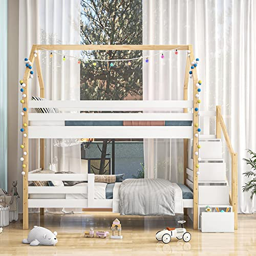 Moimhear 90 x 200 cm dentro e fuori dal letto, letto matrimoniale, culla a forma di casa, armadio a scala, letto in legno di pino, colore bianco e legno