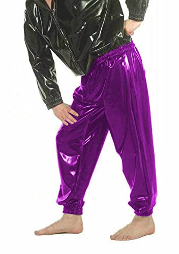 Pantaloni cargo da uomo in pelle PVC a vita alta, con fasce elastiche in finto lattice allentato per il tempo libero, pantaloni casual, fucsia, XXL