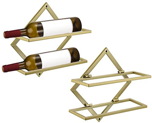 Sourcing Map Gold Wall Mounted Wine Rack 2 Bottle Holds, Foldable Metal Hanging Wall Wine Bottle Holder for Home Kitchen Bar Wall Decor