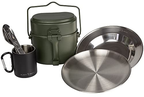Black Snake® Kochgeschirr mit flachem und tiefem Edelstahl Camping Teller Plus Besteck und Karabiner Haken Tasse - 1 Person - Set