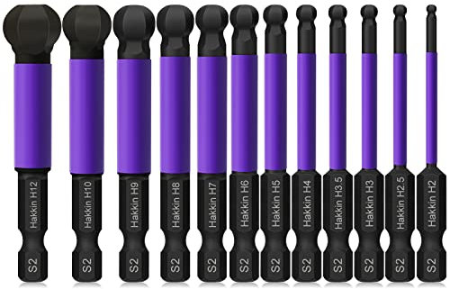 Allen Key Bit Set Hakkin 12Pcs Ball End Allen Hex Key Set S2 Steel 1/4” Hex Shank Magnetic Allen Wrench Screwdriver Bits 65mm Phosphating Treatment Purple H2-H12 for Assembling Furniture