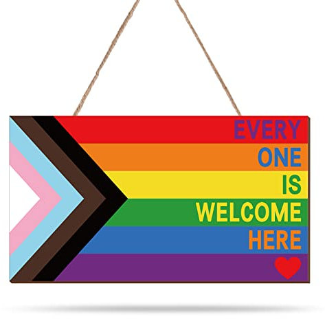 Whaline Everyone Is Welcome Here Wooden Hanging Sign LGBTQ Rainbow Door Sign Hanger Gay Lesbian Pride Wall Decorations for Pride Parade Wall Art Front Door Home Decor