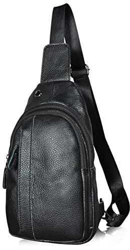 Le’aokuu Herren Echtes Leder Hüfttasche Brusttasche Bauchtsche Crossbody Bag Sling Bag Schultertsche Brustbeutel Für Motorrad Joggen (X 010 Schwarz)