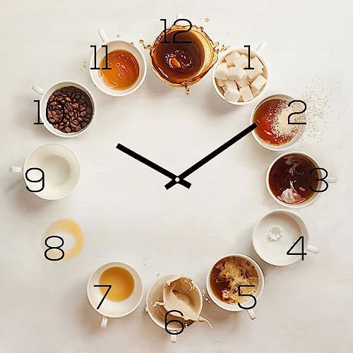 Wanduhr 30x30cm Alu-Dibond Küchenuhr Kaffee Tassen Alubild Uhr Wanddeko Küche Alu Deko Küchendeko
