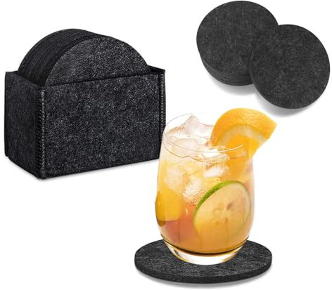 Juego de 12 posavasos de fieltro redondos para vasos, posavasos de mesa con caja de almacenamiento, posavasos de cristal en color oscuro para bebidas, bar, tazas, vidrio, vino, jarrón, redondo, 10 x