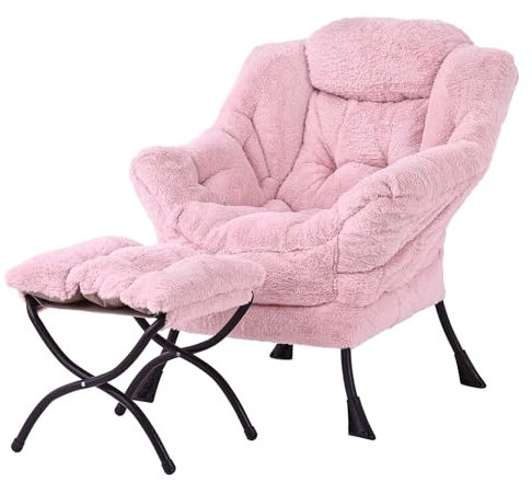 YOTATING Bequemer Sessel mit Fußhocker, Lazy Chair mit Ottomane, Freizeit-Akzentstuhl, Relax-Lounge-Sessel mit Armlehnen & Seitentasche für Wohnzimmer, Schlafzimmer & kleine Räume, Plüschrosa