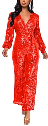 ORANDESIGNE Damen Pailletten Overall Langarm V-Ausschnitt Glitzer Strampler Lockere Hose Party Clubwear Einteiler Lang Abend Jumpsuit Elegant Playsuit Romper Hosenanzug mit Gürtel A Rot L