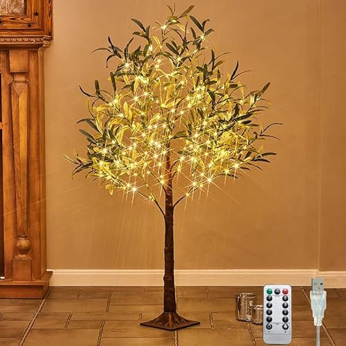 LED tree lights artificial olive tree 180cm 300 LED warm white, USB LED tree lights with remote control, 8 light modes, lights decorative tree, artificial green plants, for Christmas wedding,120cm