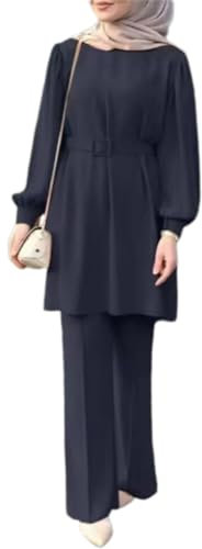 OBEEII Muslim Kleid Set Frauen Langarm Top + Lang Hose 2 Teiler Ramadan Corban Outfit Dubai Türkisches Naher Osten Arabisch Islamische Kleidung Navy S