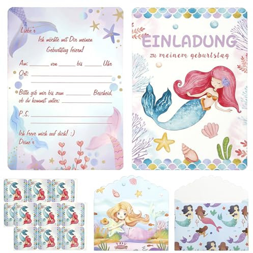 12x Meerjungfrau Einladungskarten Kindergeburtstag,mit Umschlägen & Stickern,Einladungskarten Geburtstag Madchen,einladungskarten meerjungfrau geburtstag,für Geburtstag,Geschenke für Mädchen