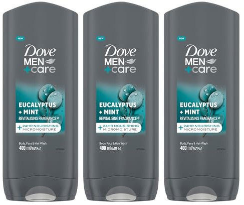 Dove Men+ Care 3-in-1 Body, Face and Hair Wash Eucalyptus + Mint 24H Nourishment with Relaxing and Fresh Scent Body Wash for Healthier, Smoother Feeling Skin, 400ml Pack of 3
