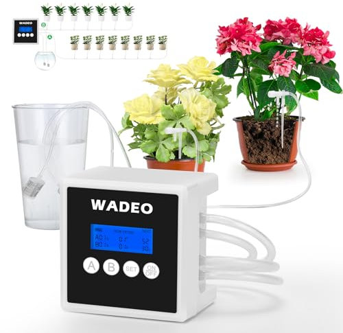 WADEO Sistema de riego por goteo, Automático Dispositivos de riego Kit con doble bomba, Temporizador programable y pantalla LED, Sistema de riego en vacaciones para hasta 15 plantas en maceta