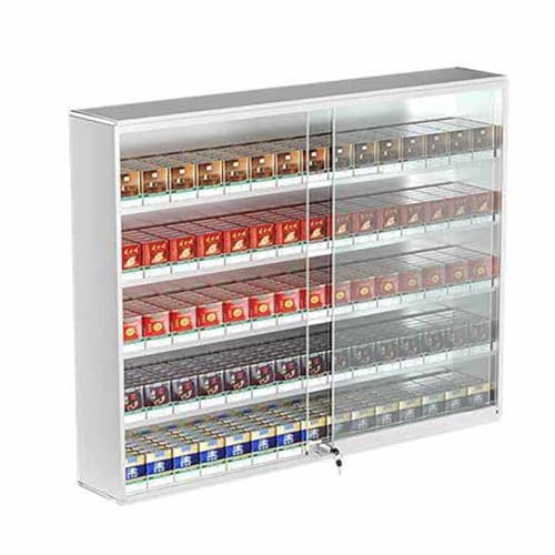 WENNEWU Armadietto di Esposizione della Sigaretta, Portasigarette Fissato al Muro, Governo del Fumo della Lega di Alluminio, Porta Scorrevole con Serratura,Argento,17.3 * 92.5 * 75cm