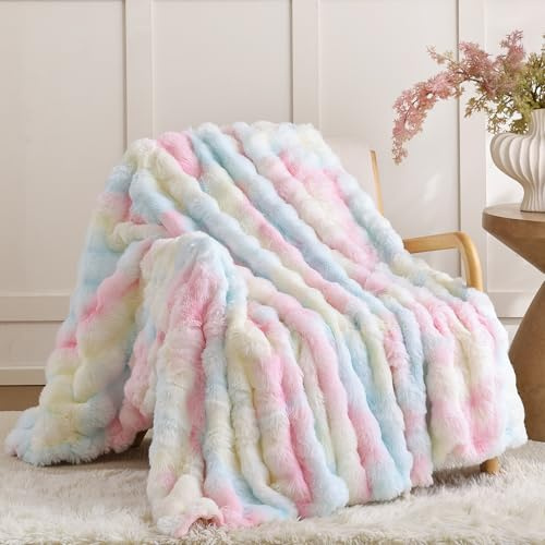 Smoofy Kunstfell-Überwurfdecke für Couch, Kaninchen, Fleece, Regenbogenfarben, flauschige Decke für Sofa, Schlafzimmer, Wohnzimmer, gemütlich, weicher Plüsch, luxuriös, dick, Winter, flauschig,