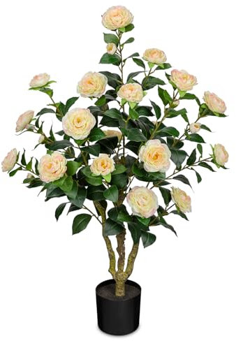 Arborus Kunstbaum Indoor 90 cm Künstlicher Kamelienbaum Künstlicher Baum mit Blüten Künstlicher Blütenbaum Gelb Kunstblumen im Topf Große Kunstpflanzen für Wohnzimmer Deko Schlafzimmer Deko Büro Deko