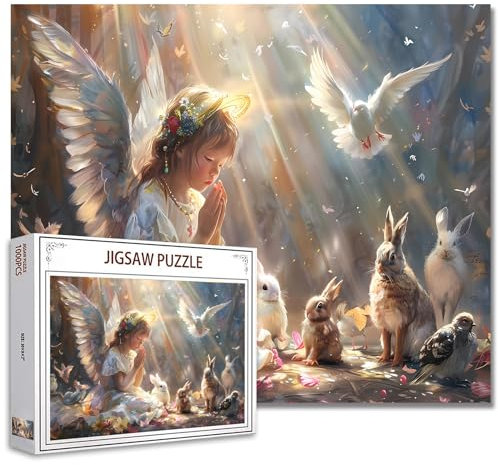 Tucocoo 1000 Teile Puzzles für Erwachsene Gebetliches kleines Mädchen Malerei Puzzle Engel Kaninchen Vögel 1000 Teile Puzzles für herausfordernde Familienaktivität Spiel Glaube Kunst DIY Puzzle