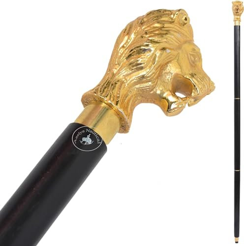 Handgefertigter Gehstock für Damen und Herren, Aluminium und Naturholz, goldener Löwenkopf