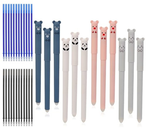 12 Stück Radierbarer Kugelschreiber Stifte 0,5 mm, Kugelschreiber mit Radiergummi mit 24 Minen, Stifte zum Wegradieren, Gelstifte Radierbar für Studenten Geschenk, Schul Bürobedarf (Schwarze, Blaue)
