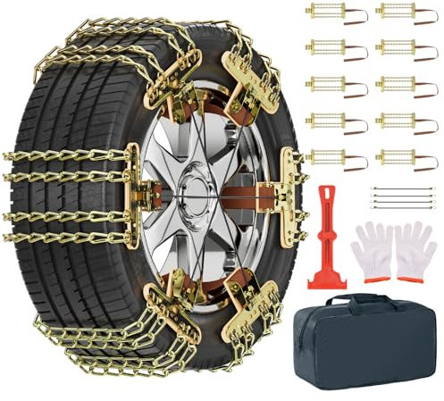 MOONCOOL 10 Stück(1 Satz) Schneeketten Universal PKW, Easy Grip Schneeketten Leichte Montage für 215-285mm Reifenbreite Anfahrhilfe, mit Handschuhe Haken Tragetasche Seil Festziehen für PKW LKW SUV